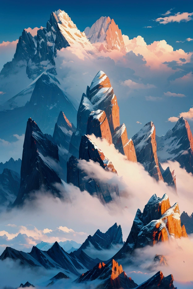 generate a 4k quality picture in style of illustration:a landscape of towering mountains, in the peak and body of the mountains smog are coming