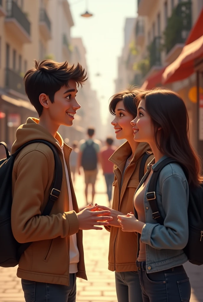 A young man talking to a young couple