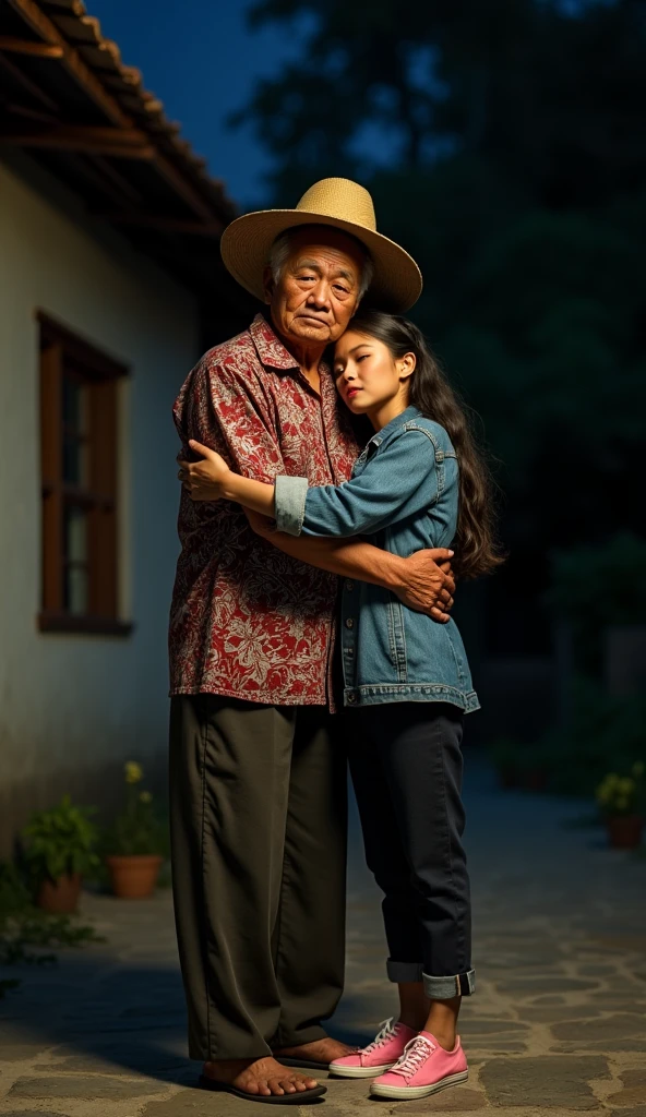 A 60 year old Indonesian man, wear a peci, baju batik dan long pants, sad face while hugging beautiful Indonesian woman, fair skin, big nose, long wavy hair, wearing a denim jacket, long pants, wearing pink sneakers, sad face facing forward, in front of the village house, in the dark night, minimal defects, very detail, realistic, 8K picture