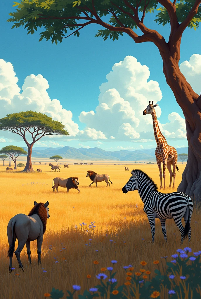 Picture a vast, grassy plain dotted with acacia trees. Zebras and wildebeests graze peacefully, while giraffes stretch their long necks to reach the leaves of the acacia trees. Lions stalk their prey from the tall grasses, their eyes gleaming in the sunlight. The air is warm and dry, filled with the sound of insects and the distant roar of a lion. anime stylr
