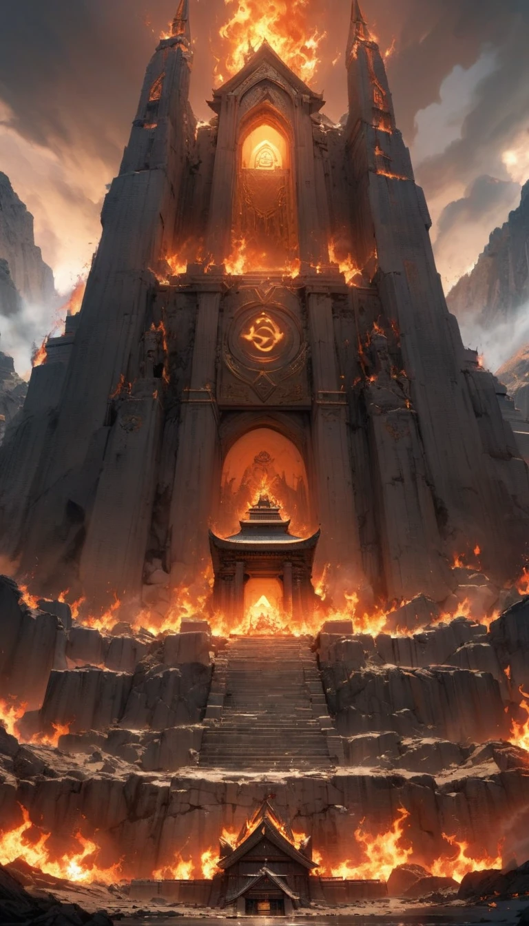 A grand temple set on a mountain, engulfed in flames. The scene is intense but controlled, with the focus on the burning temple as a symbol of conflict between religious and political powers. No explicit violence, just the dramatic imagery of the burning building.