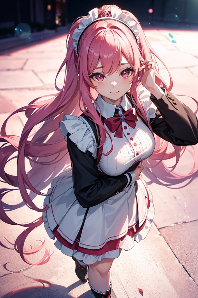 a beautiful young anime-style maid with long pink twin-tailed hair, glowing eyes, sparkling hair, smiling, wearing a maid outfit with an anchor, 8K, ultra-detailed, super-detailed, virtual girl, (best quality,4k,8k,highres,masterpiece:1.2),ultra-detailed,(realistic,photorealistic,photo-realistic:1.37),HDR,UHD,studio lighting,ultra-fine painting,sharp focus,physically-based rendering,extreme detail description,professional,vivid colors,bokeh