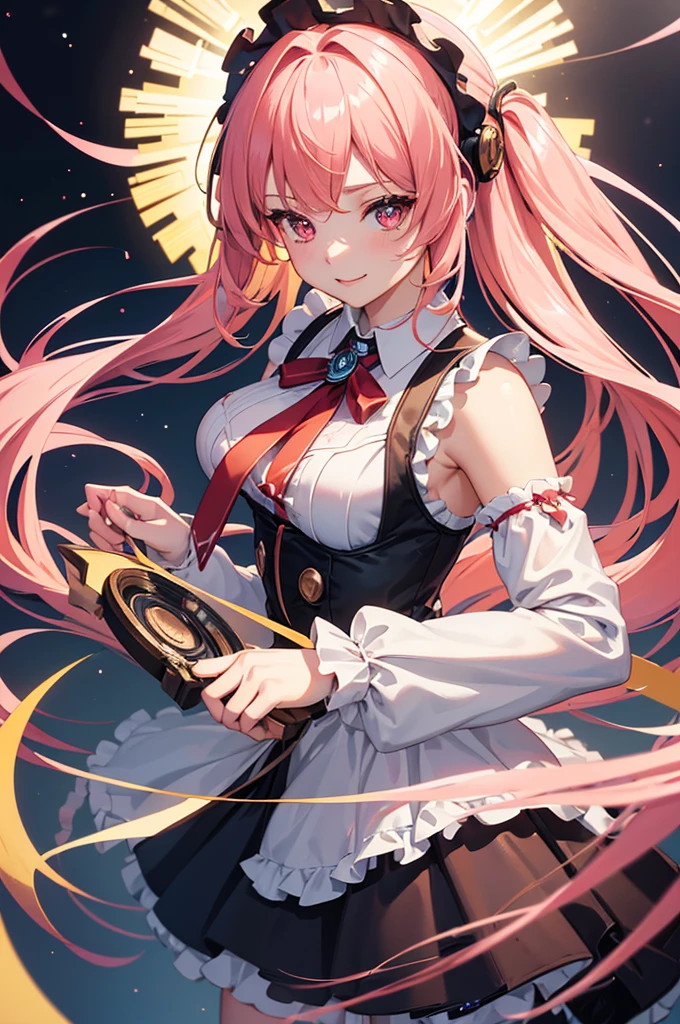 a beautiful young anime-style maid with long pink twin-tailed hair, glowing eyes, sparkling hair, smiling, wearing a maid outfit with an anchor, 8K, ultra-detailed, super-detailed, virtual girl, (best quality,4k,8k,highres,masterpiece:1.2),ultra-detailed,(realistic,photorealistic,photo-realistic:1.37),HDR,UHD,studio lighting,ultra-fine painting,sharp focus,physically-based rendering,extreme detail description,professional,vivid colors,bokeh