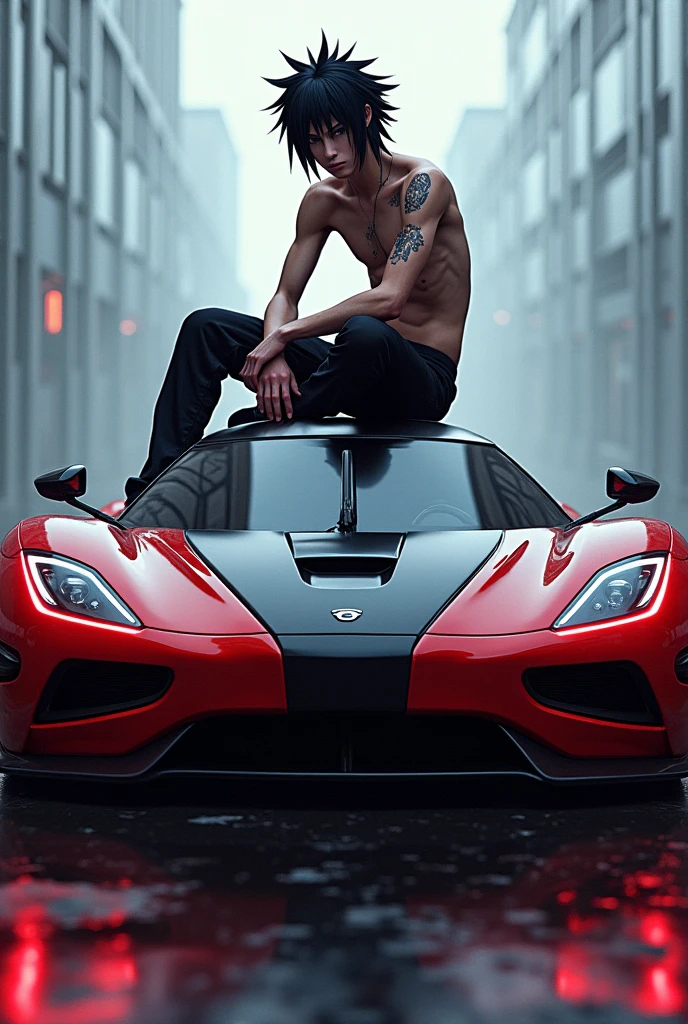 Sasuke Uchiwa en culotte torse nu assis sur une Koenigsegg