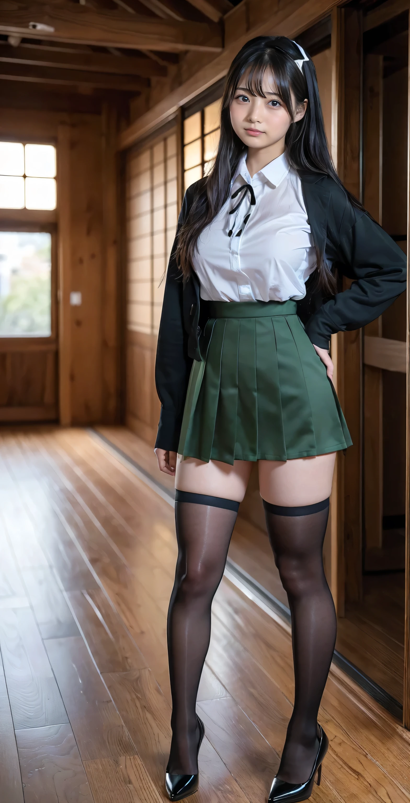 Great quality, 16K, (RAW Photos:1.4), High resolution, ((Composition away from the subject)), ((Full body photo from face to ankles)), ((Perfect Anatomy)), (((2 women))) 24-years-old, (Please take a picture from the front.), First Person View, Wide-angle, 超High resolution, Anatomically correct, Super Detail, (8k), (Highest quality: 1.5), Very detailed, Golden Ratio, (Two tall Japanese college students), 24-years-old, (H Cup Big:1.7), Very large breasts bigger than a face, Cleavage, (Two Sisters), (Full body photo), Large build, ((A dark green shirt with ribbon and a tight black miniskirt)), Detailed skin, Glowing Skin, Face, Japanese, sakimichan, Jaeyoung Nam, Kim Tae-jun, double eyelid, eyes with long eyelashes, Small face, Three Sisters, (Full body photo), (Super cute face), A little smile, Black Hair, Long Hair, hair band, Glare, Frowning, Frowning, Frowning, Overlooking here, (((Extremely accurate Japanese school classroom)))Please stand in the center of, Stretch your back, bright,black tights, (Sexy black tights), Brown high heels, Full Body Shot, Beautiful Hairstyles, Accentuates very wide legs,(Very cute face, Overlooking here, Keep your hands on your hips, Stand with your feet shoulder-width apart), Simple uniforms, The sisters are wearing the same., Long sleeve uniform, ((thick and long legs)), (Very wide thighs:1.6), (Very long legs:1.4), (I always wear black tights), (The tight mini skirt is a plain black, Very short), (Oily shiny black tights) , (Wearing high heels), (Very wide thighs), (plump legs), (They always wear black tights.),The sisters are wearing the same clothes, She is wearing a white shirt with a red ribbon and a tight black miniskirt., Street Snap, Full Body Shot of a woman wearing a micro mini skirt and black tights,(The skirt is very short), (Very long legs), (Very wide thighs), (plump legs), (She always wears black tights.), (Oily shiny black tights), (Wearing high heels), Random glamour model poses