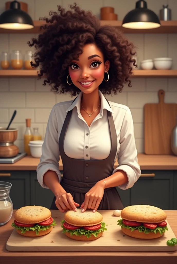 Girl with curly hair not afro , Repostera, making sandwiches 