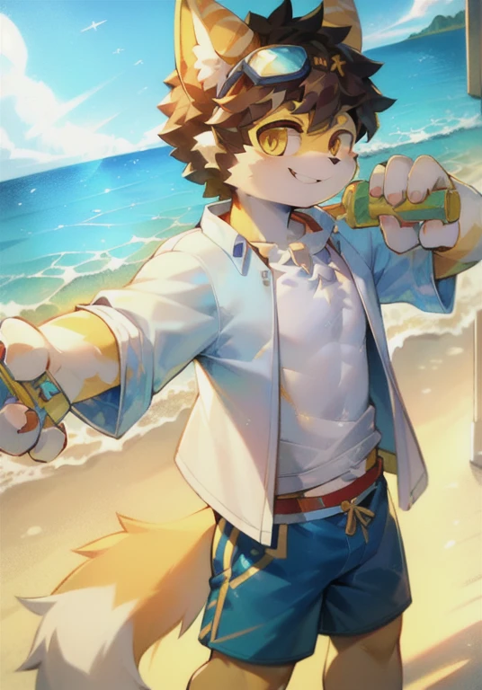 White male cat，boy，cute，Q version，Goggles，Big furry tail，Hairy pads，，Golden Eyes，，Detailed background，On the beach，Wear a bandana，Open floral shirt，Blue floral shorts，sunny，seaside，Water gun in hand，Smile happily