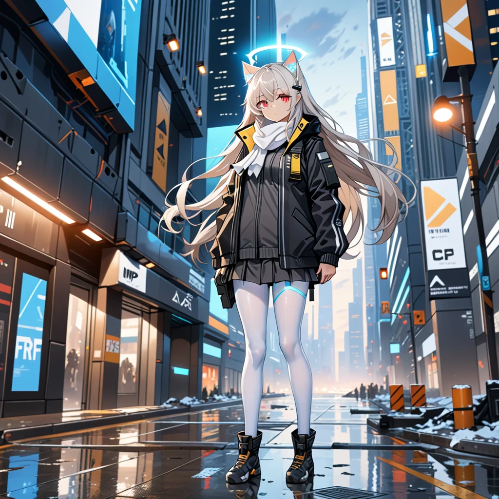 masterpiece, highest quality, highest resolution, clear_image, detailed details, white hair, long hair, 1 girl, cat ears, red eyes, futuristic halo, girls Frontline ump45 jacket, white scarf (around the neck withn a light blue glow), white pantyhose, full body, no water marks, city