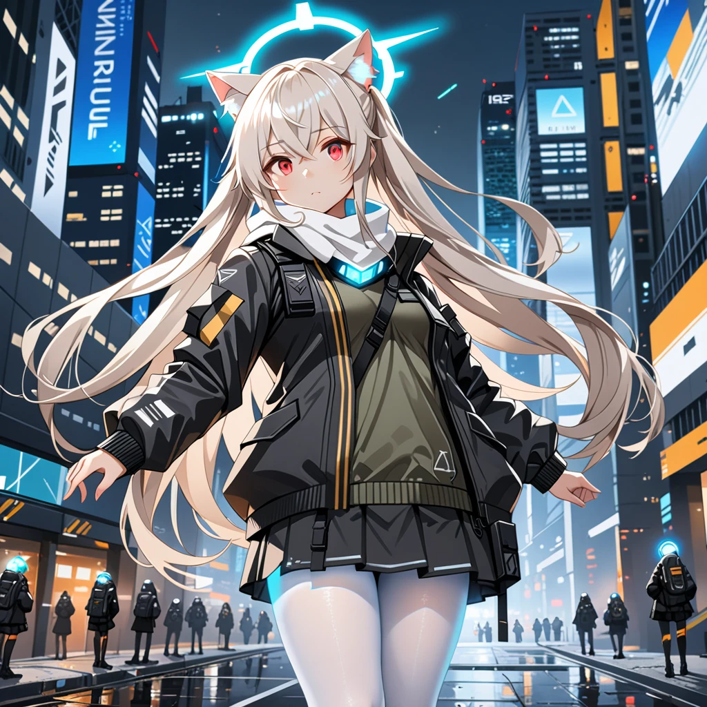 masterpiece, highest quality, highest resolution, clear_image, detailed details, white hair, long hair, 1 girl, cat ears, red eyes, futuristic halo, girls Frontline ump45 jacket, white scarf (around the neck withn a light blue glow), white pantyhose, full body, no water marks, city