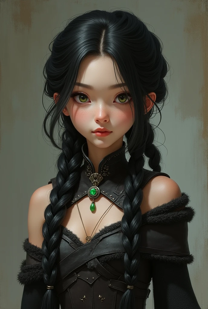 pretty girl, short stature, with lush, almost black in color, hair, which he braids into a thick one, thick braid. Dressed in leather armor.
slim, prominent chest.
green eyes, Cunning, even with a hint of mischief.
Her skin is light, in places covered with soft, dark, smooth fur