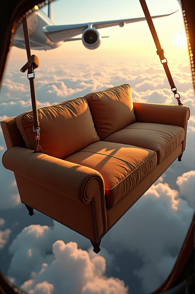 Large sofa tied on flying plane