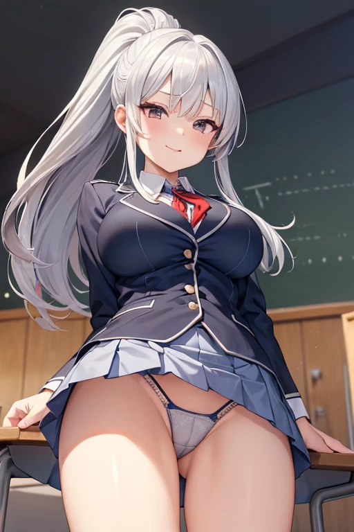 (((Lower Body、Shooting from below))、(((Accentuate the crotch)))、Highest quality, 8k, masterpiece :1.3)), whole body, Sharp focus :One Girl,Glowing Skin,SSexy pose,Highest quality,Tabletop,shape,Very delicate and beautiful,Hmph,8k壁紙,wonderful,In detail,Official Art,Very detailedなティッカーUnity 8k壁紙,Incredibly ridiculous,Large file size,Very detailedな,High resolution,Very detailed,Beautiful detailed,Realistic,X-ray,The queue is full,(((Uniform Blazer、mini skirt)))、(((Big Breasts、Silver Hair)))、(((School、classroom)))、Stand upright、Cleavage , ((Long silver hair))、Uniform Blazer、Sexy pose、Hairstyle: ponytail、both hands、mini skirt