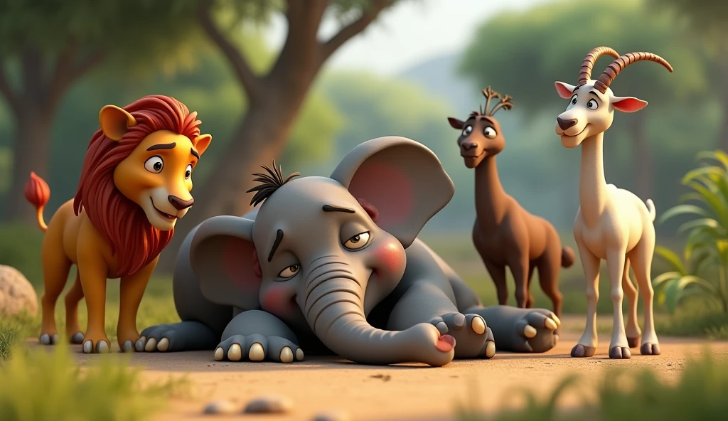 In 3d animation images in this story. હાથીને બીમાર પડેલું બતાવો, તે જમીન પર સૂતો છે. તે બેચેન લાગે છે. બાકીના ત્રણ પ્રાણીઓ - સિંહ, મોર, અને બકરી - ચિંતિત હોય તેને જોઈ રહ્યા છે"
