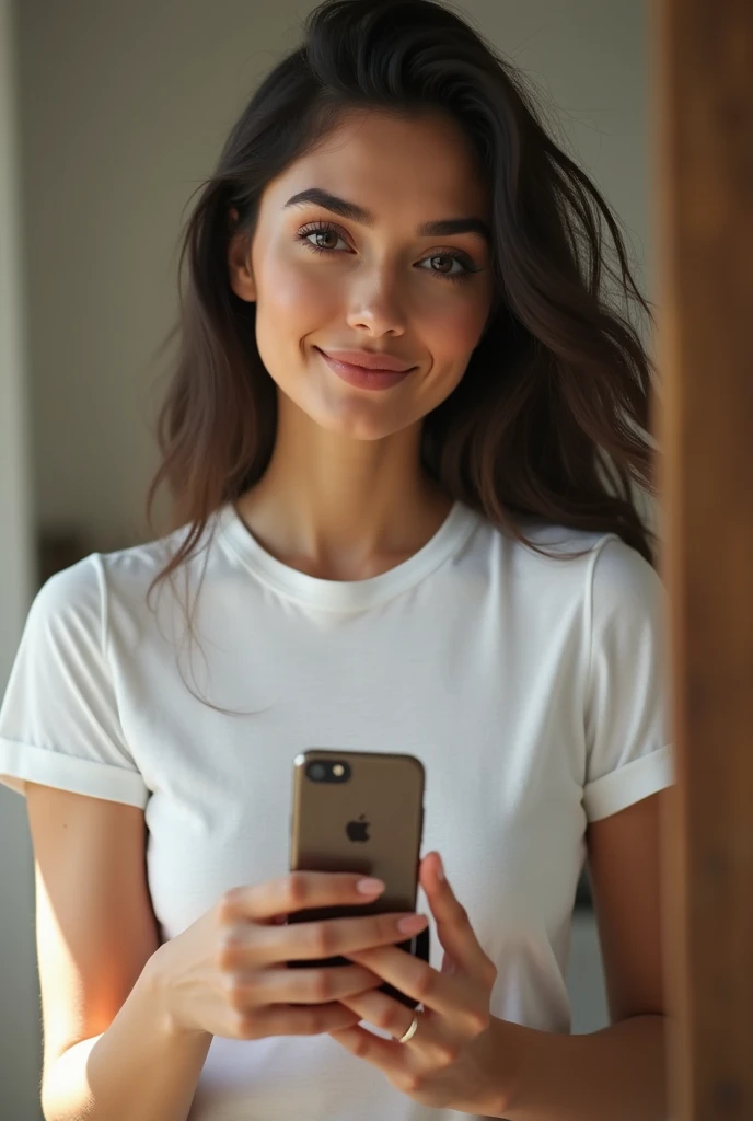 il y a une femme qui prend un selfie dans un miroir, photo en forme, dressed in'un t-shirt blanc, 1, 2 female model, , photo de tenue, recadrage de la moitié du corps, Elle a environ 1 , porter un haut court sexy, her navel is exposed