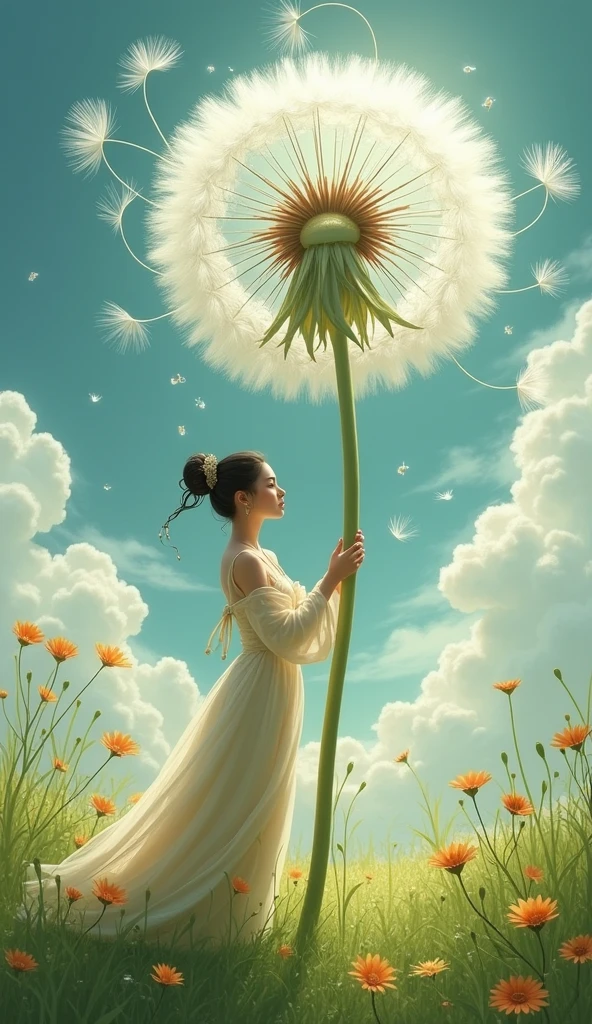 A beautiful Chinese fairy,On beautiful meadows,Grab the dandelion's handle with all your strength,The dandelion flower bulb is very large relative to the character,Like a giant parachute,Dandelion seeds are blowing in the wind