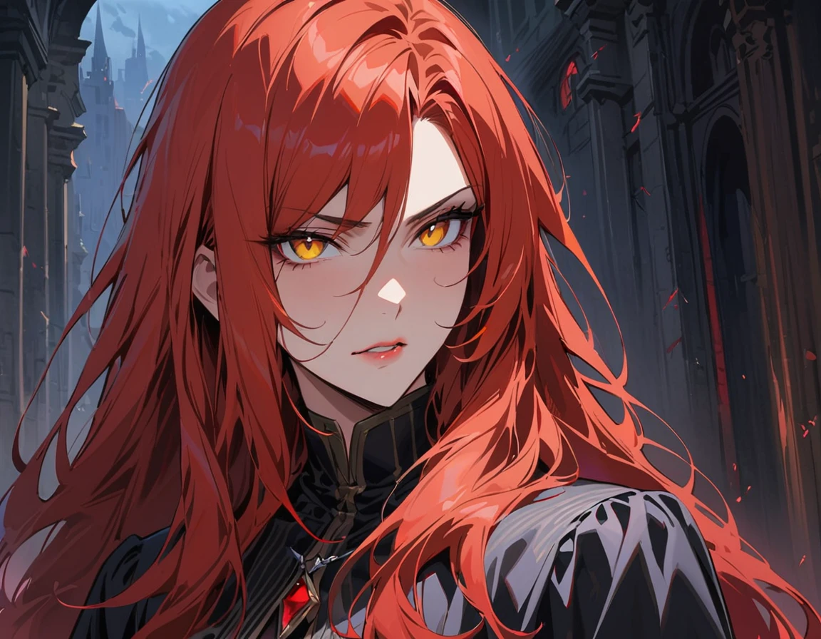 Long red hair, yellow eyes, evil, sexy, black and red clothes, cute hairstyle, evil face, evil, serious look, gloss lips, sinister, front look, bloody, gloves, beautiful eyes, short dress, big white, dark place, night, sensual, straight hair cut, clear skin, evil, young 30 years girl, adult girl, solo, red, very long hair, ankle length hair, handsome older WOMAN，crimson-eyes，crimson pupils，Long red hair，Hyperresolution，accuracy，Detailed rendering,（Image of fine hair）（topquality）（Masterpieces of masters）（High degree of completeness）（A sense of atmosphere）tmasterpiece，Super detailed and super detailed（half-body portrait)