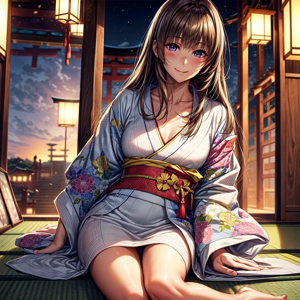 (Masterpiece:1.5, Highest quality, Realistic:1.2), Beautiful illustrations, (Natural Side Lighting, Cinema Lighting), , View your viewers, 1 person, Japanese, Beautiful adult woman:24-years-old, Perfect Face, Cute and symmetrical face, Glowing Skin, (Long Hair:1.5, Straight hair:1.4, Light brown hair), Blunt bangs, Swept-apart bangs, Big eyes, Droopy eyes, Purple eyes, Long eyelashes, (Medium chest), thin, Beautiful Hair, Beautiful Face, Beautiful attention to detail, Beautiful clavicle, Beautiful body,Beautiful thighs, Beautiful feet, Beautiful fingers, ((kimono:Threads and Japanese patterns)), smile,, Beautiful views, evening, (Kyoto:field),, Are standing, (かわいらしいsmile, Upward glance),