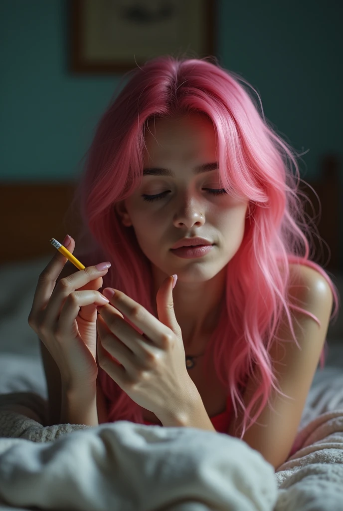 Pink hair girl in hand cigarette she is
sleep on bed his age 16 she is Indian