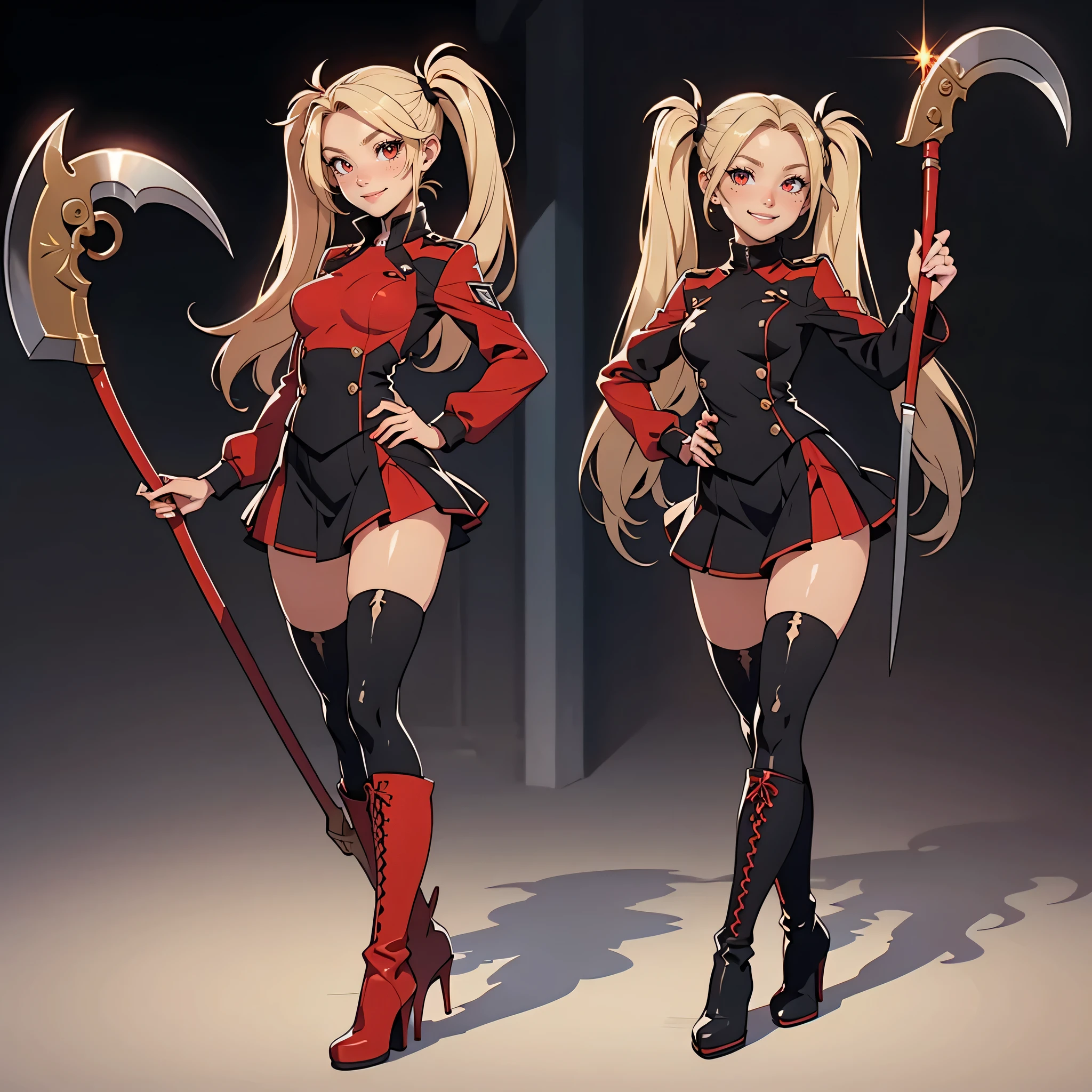 Very detailed, smiling facial expression, figure, full body view, small breasts, blonde hair with twintails, red eyes, looking at viewer, black uniform, skirt, black boots, holding scythe, sexy pose.