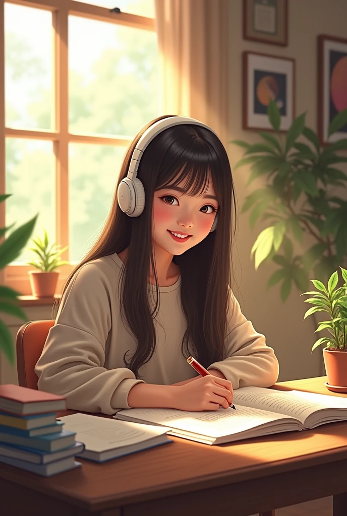 beautiful asian girl with round square face, length hair, wearing headphones, smiling, wearing home clothes, studying at her desk in her room in the morning with lots of sunlight