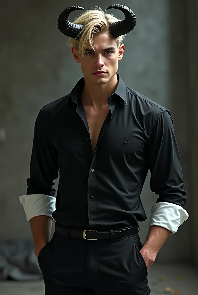 A man in a black shirt with white sleeves, black pants, blond hair, and horns