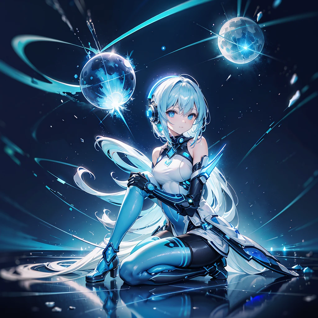 ((Holographic glow effect)),8k, Highest quality, (real:1.4), Original photo, 1 person, Asari Hair, Biological Amplifier, Very sleek and futuristic armor, posture: Peace talks between warring factions,,attention arousal, smart blue eyes,A modest smile,Knee-high boots,Patent-look blue tights,Blue big moon and blue light swirl in the background,Blue light from behind,blue light magic,A small, glowing blue ball in the palm of your hand,Blue flame swirl,Blue Comet,Polished floor,