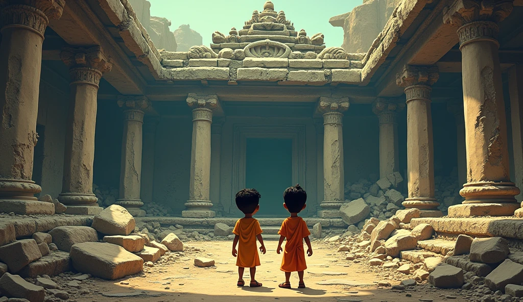 Finally, Suraj and Chandra managed to reach the temple. The entrance of the temple was old and dilapidated, but the condition inside was even worse. Many walls were broken, and dust covered every place. Cartoon Image