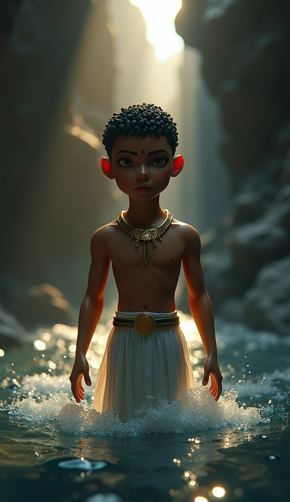 Depict Atum emerging from the chaotic waters of Nun in Egyptian mythology. Atum is a male figure, around 4, with smooth golden-brown skin and piercing dark amber eyes. His hair is short, curly, and black, with hints of gray. His face reflects wisdom and solitude, with sharp features and a strong jawline. Atum is adorned in a simple white kilt and a golden crown, his skin glowing faintly in the dim light. The background features the chaotic, dark waters of Nun swirling around him, with the first light breaking through the darkness. Use masterpiece, best quality, CG, wallpaper, HDR, high quality, ultra detailed face, cinematic, high detail, 8k, raw, high, artstation HQ, unreal engine, octane renderer, 4k resolution, hyperrealistic, highly detailed, and absurdres settings