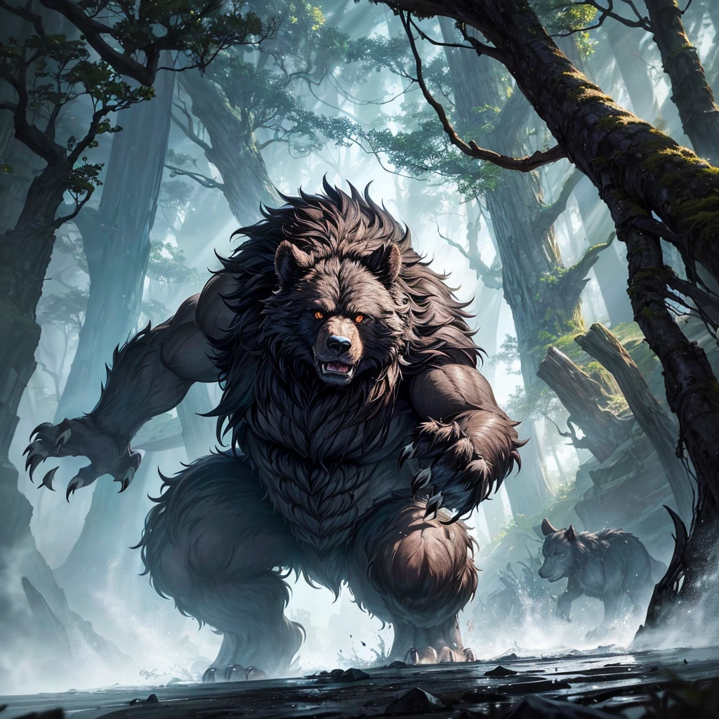 Deep in the heart of a dark and ancient forest, a monstrous bear emerges from the shadows, its massive frame towering over the twisted trees. Its fur is a thick, black pelt, streaked with scars from countless battles. The beast's eyes burn with a feral, unyielding fire, and its breath comes in deep, rumbling growls that resonate through the night. Razor-sharp claws extend from its powerful paws, capable of rending boulders in half. As it rears up on its hind legs, the ground trembles beneath its immense weight, and the very air seems to grow thick with dread. This is a creature of pure, untamed fury, a force of nature that embodies the raw power of the wilderness, unstoppable and terrifying in its rage.