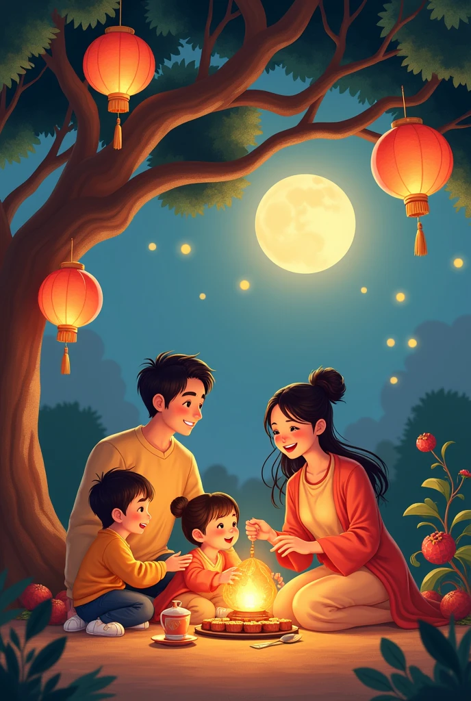 Parents and two children sat eating moon cakes under a small tree and the moon was bright in the sky.. On the table there is tea, moon cakes and water for the children.. There are mid-autumn lanterns hanging on the tree and children running around also holding mid-autumn lanterns.. Happy atmosphere. Full of laughter