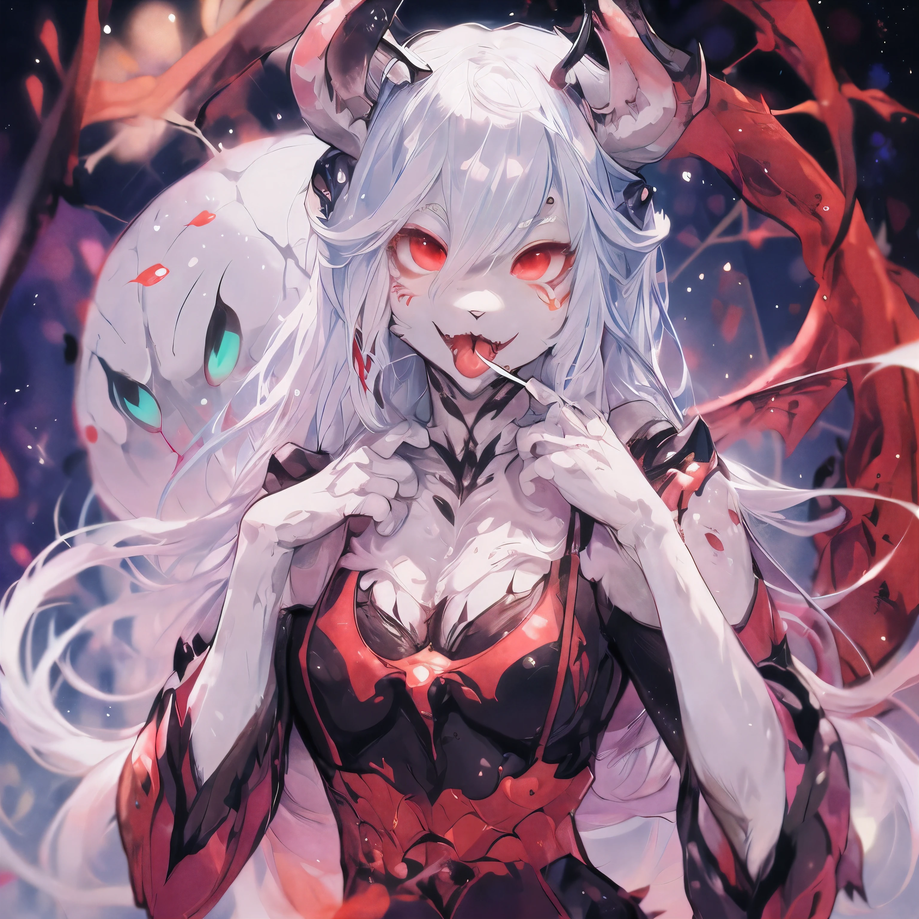 Female Dragon.Spider element. hairy. Compound eyes. Three White. Double teeth. Candy colors. Insect fungus. Spider Web. Anime style.