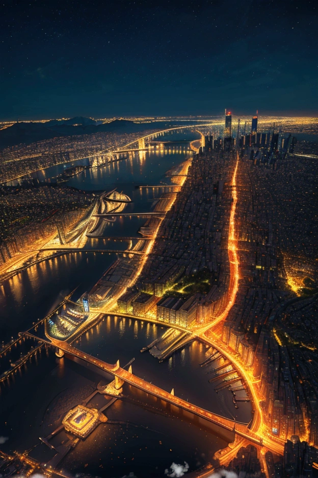 generate a 4k quality picture in style of illustration: night view of a modren city