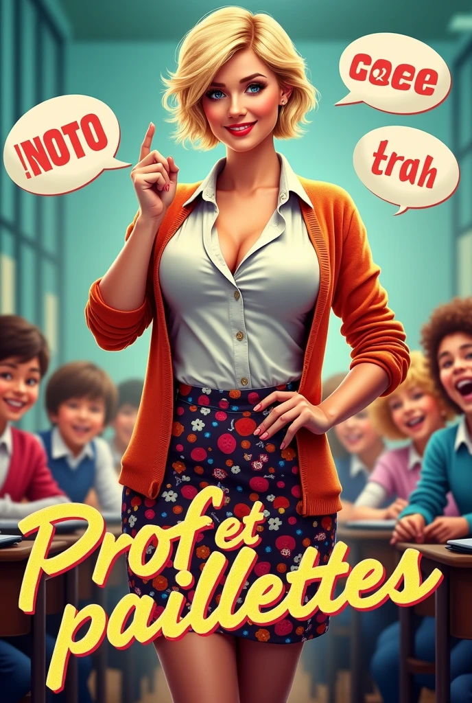 Film poster
Title: 'Prof et Paillettes
Female: blonde, short hair
Role: eccentric teacher
Silhouette: sexy, hentai style, hourglass body, slim
Big breasts
Big buttocks
Clothing: colorful cardigan, fitted white blouse, playfully patterned skirt
Context: lively classroom, students laughing and having fun
Style: bright, dynamic lettering for the title, humorous dialogue bubbles around it.