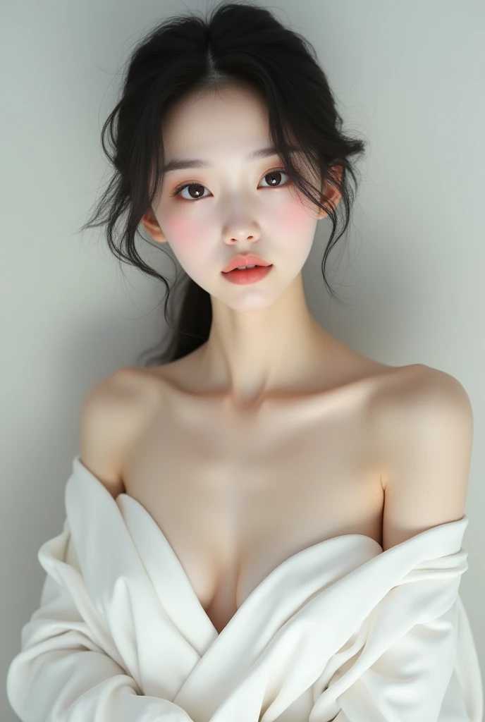 White clothes showing décolletage Japanese woman Baby face