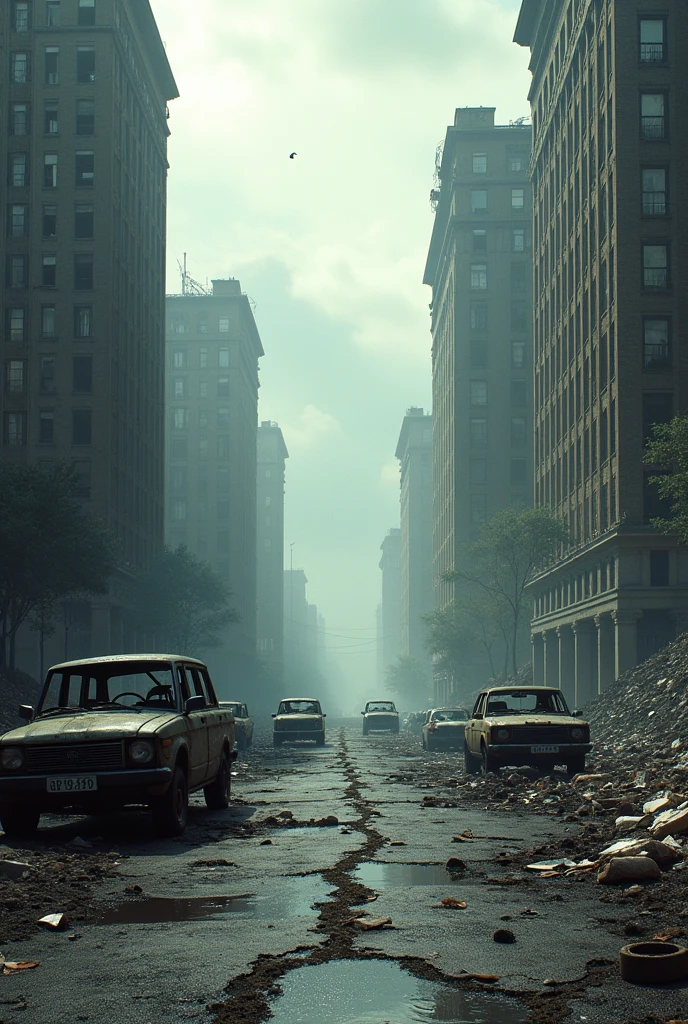 Vertical scene of a devastated post-apocalyptic street