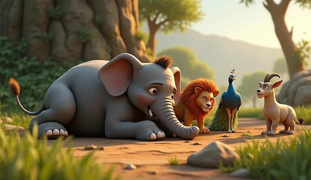 In 3d animation images in this story. હાથીને બીમાર પડેલું બતાવો, તે જમીન પર સૂતો છે. તે બેચેન લાગે છે. બાકીના ત્રણ પ્રાણીઓ - સિંહ, મોર, અને બકરી - ચિંતિત હોય તેને જોઈ રહ્યા છે"
