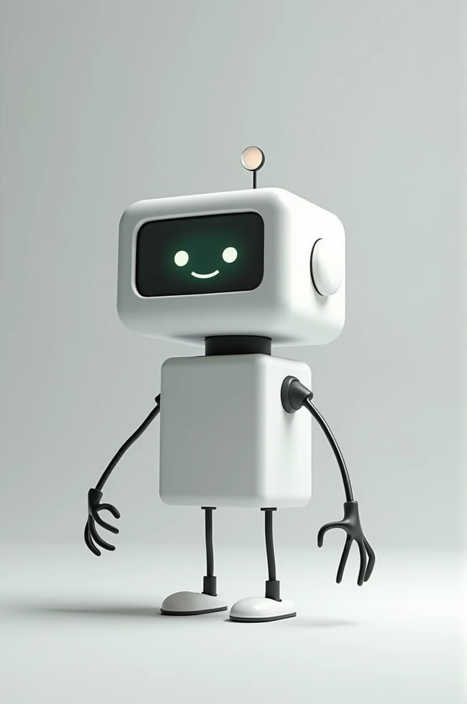 A computer with a face, white rectangular body and black thin limbs