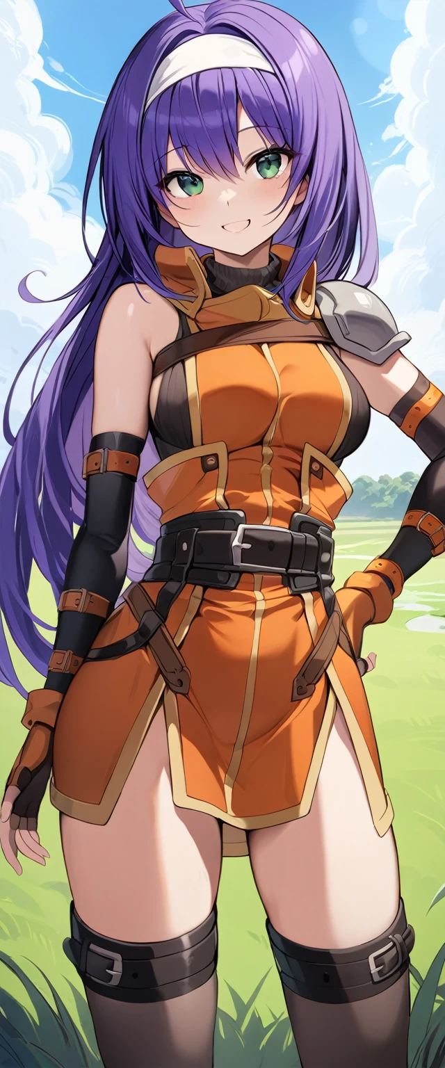 One person,Miafe,Long Hair,Ahoge,Purple Hair,Green Eyes,White hair band,Shoulder Armor,Orange Dress,Sleeveless turtleneck, belt,Fingerless gloves,Knee socks,Cowboy Shot,Are standing,smile,Grass,(blue sky:1.2),Very detailed, Highest quality,masterpiece