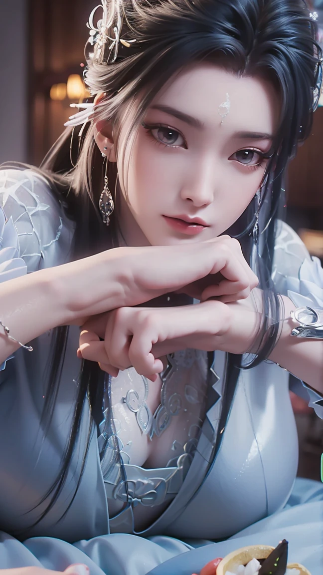 A beautiful young woman，Wearing pajamas，Lying on the bed，barefoot，Wearing a dress，Lie flat on your bed，Cross-legged，Full body shot，(Best picture quality，4K,8k，high-definition，excellent work:1.2)，Ultra Detail，Delicate eyes，Delicate lips，Extremely detailed face and eyes，Long eyelashes，Natural light，Warm colors，Soft Focus，clair obscur，Deep scene,Bikini，Very large breasts，Show your belly button