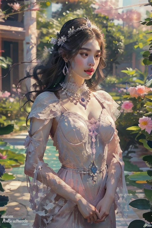 a close up of a woman in a sexy transparent white gold low-cut lace armor cleavage big breasts with a lotus flower in her hand, head jewelry, violet necklace, jade belt , toned abs, a beautiful fantasy empress, ((a beautiful fantasy empress)), beautiful celestial mage, beautiful character painting, full body xianxia, portrait knights of zodiac girl, by Yang J, g liulian art style, fantasy art style, foreshortening