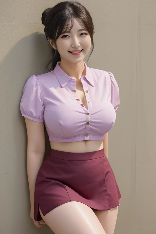 Masterpiece, best quality, photo quality, 4K high resolution, beautiful Japanese mature woman, woman in buttoned blouse, blouse button is undone, sexy chest and bra visible, wearing cotton tight mini skirt, woman has beautiful legs, beautiful thighs, beautiful thighs, woman leaning against wall, photo from knee up, smiling, round face, updo,