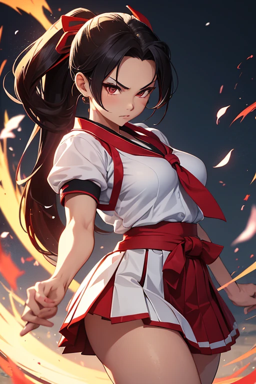 The character is a martial arts warrior with a look reminiscent of the iconic Mai Shiranui, but with some distinctive changes. She has an athletic physique and graceful curves., highlighting your strength and agility. with a classic Japanese school uniform. She wears a short pleated skirt, sailor blouse (seifuku) and bow tie, maintaining Mai's characteristic charm. The predominant colors are red and white, with gold embroidery reminiscent of the traditional Japanese style. The character's hair is long and black., tied in a high ponytail that sways in the wind, with a few loose strands that frame her face. She has a confident expression, with eyes that shine with determination. The most striking detail is the sharp claws, similar to Wolverine's, that emerge from his right hand. The claws are metallic and shiny, giving it an even more threatening and powerful air. In his left hand, she holds a battle fan, decorated with traditional patterns, balancing the ferocity of his claws with the elegance of his martial skills.