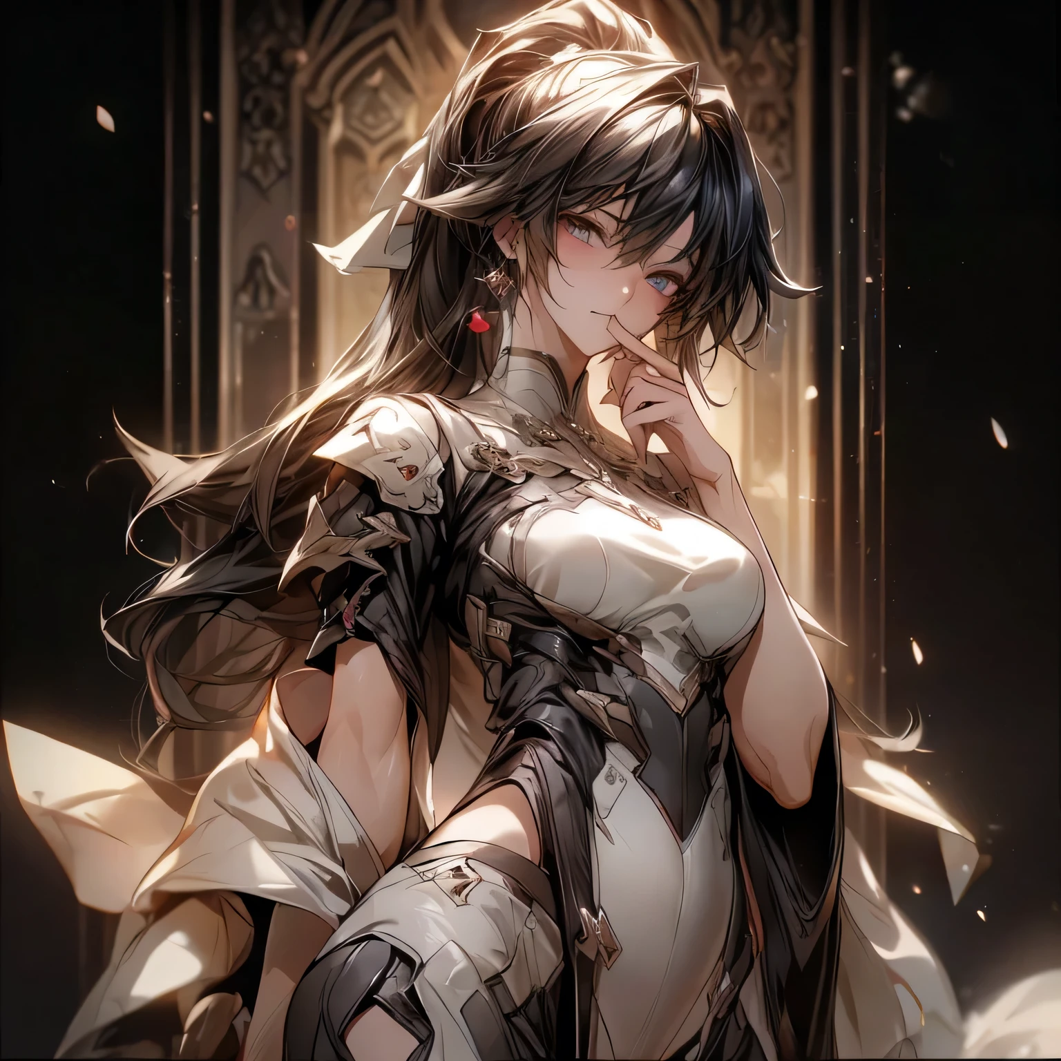 (best quality)), ((Masterpiece)), (details:1.4), 3d, HDR (high dynamic range), an image of a beautiful cyberpunk female, Black hair, High ponytail, Sleek style, Black eyes, hips up, จมูกโด่ง, ปากแดง, หน้าอกใหญ่, nvidia RTX, PBR surface, After processing, Anisotropic filtration,depth of field, Maximum clarity and clarity, multi-layered surface, Subsurface scattering, perfect proportions, 8K raw files, ultra detailed, Perfect proportions, volumetric lighting, soft lighting, Holy Knight, Heavy Armor, glossy skin, castle background, jewely, ต่างหู, นิ้วมือสมบูรณ์,
