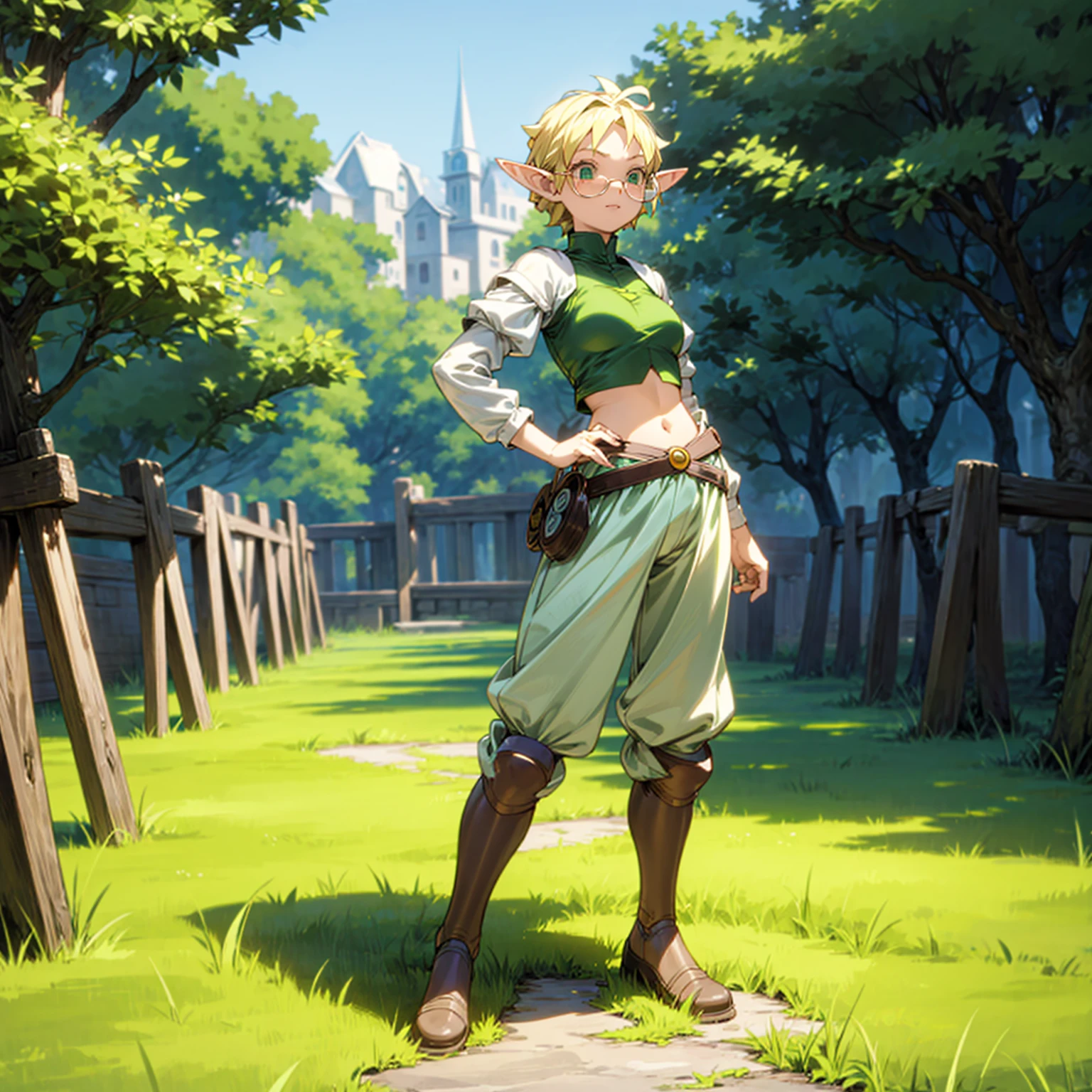 Solo character, full body version, young girl, (elf), green eyes, blonde color hair, short hair, white crop top clothing, brown pants, shoes, outdoor, town, medieval, standing gesture, detailed background, detailed clothing, detailed hair, (Hunter x Hunter style art, Doraemon style art), happy, glasses, medium breast 