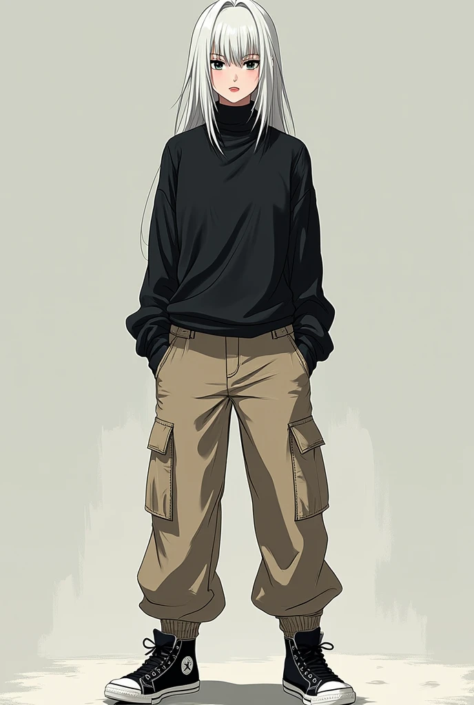 Create anime fan art with waist length white hair, with black eyes, serious look, 1,90 tall, black turtleneck blouse, beige cargo pants, black jordan sneakers