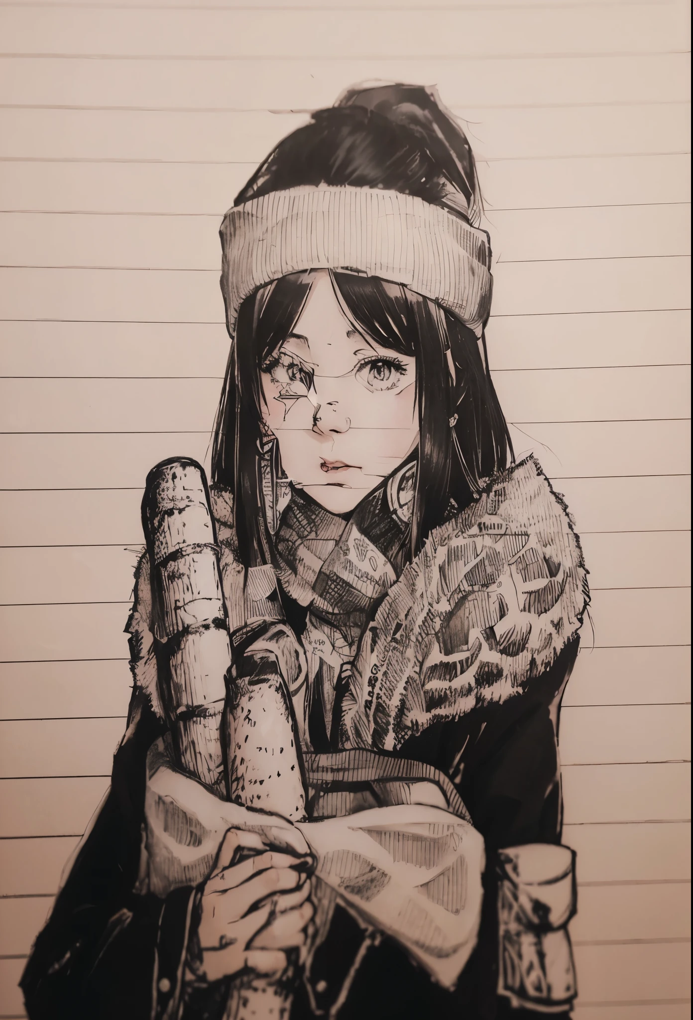 drawing of a girl holding a long bread and in papper bag, (inktober), detailed fanart, in an anime style, inktober, a cold, by Kanbun Master, pencil and ink manga drawing, by Kamagurka, an anime drawing, cold, demon slayer rui fanart, marin kitagawa fanart, in anime style, high quality fanart, winter time, anime drawing