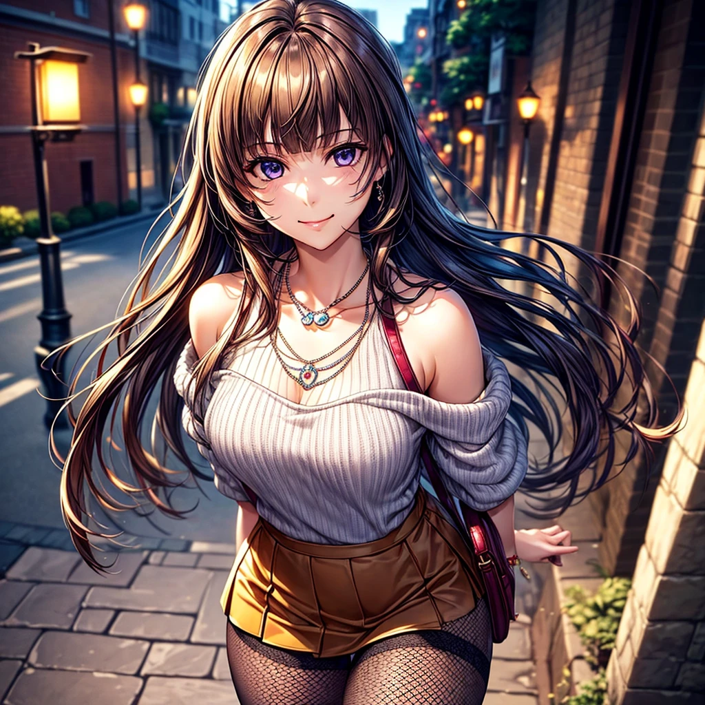 (Masterpiece:1.5, Highest quality, Realistic:1.2), Beautiful illustrations, (Natural Side Lighting, Cinema Lighting), , View your viewers, 1 person, Japanese, Beautiful adult woman:24-years-old, Perfect Face, Cute and symmetrical face, Glowing Skin, (Long Hair:1.5, Straight hair:1.4, Light brown hair), Blunt bangs, Swept-apart bangs, Big eyes, Droopy eyes, Purple eyes, Long eyelashes, (Medium chest), thin, Beautiful Hair, Beautiful Face, Beautiful attention to detail, Beautiful clavicle, Beautiful body,Beautiful thighs, Beautiful feet, Beautiful fingers, ((Sleeveless knit、1 handbag、Diamond Necklace、mini skirt、Knee-high tights)), smile,, Beautiful views, evening, (Outdoor:On a large bridge:Street lamp),, Are standing, (かわいらしいsmile, Upward glance),