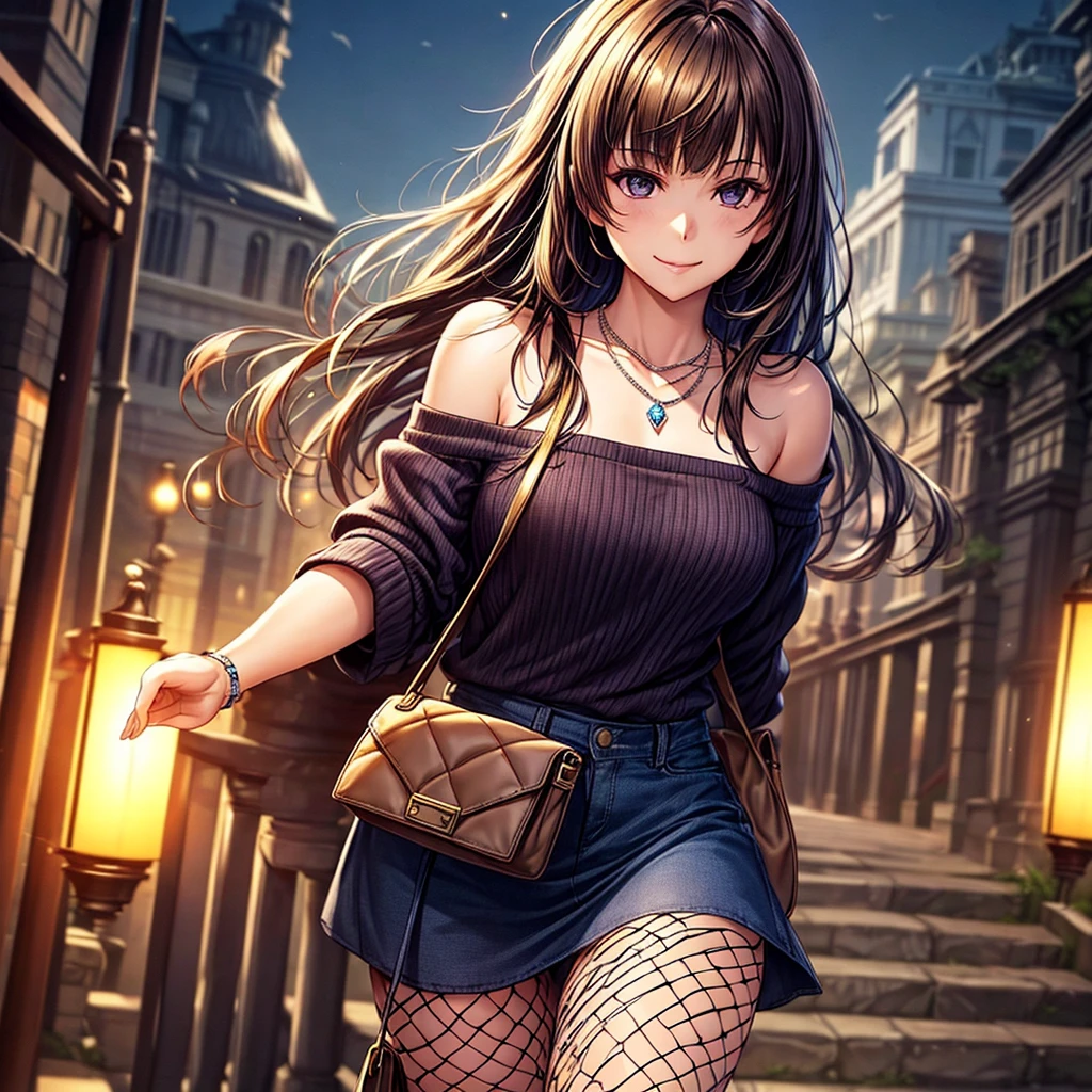 (Masterpiece:1.5, Highest quality, Realistic:1.2), Beautiful illustrations, (Natural Side Lighting, Cinema Lighting), , View your viewers, 1 person, Japanese, Beautiful adult woman:24-years-old, Perfect Face, Cute and symmetrical face, Glowing Skin, (Long Hair:1.5, Straight hair:1.4, Light brown hair), Blunt bangs, Swept-apart bangs, Big eyes, Droopy eyes, Purple eyes, Long eyelashes, (Medium chest), thin, Beautiful Hair, Beautiful Face, Beautiful attention to detail, Beautiful clavicle, Beautiful body,Beautiful thighs, Beautiful feet, Beautiful fingers, ((Off-the-shoulder knit、1 handbag、Diamond Necklace、mini skirt、Fishnet tights)), smile,, Beautiful views, evening, (Beautiful night view:On a large bridge:Street lamp),, Are standing, (かわいらしいsmile, Upward glance),