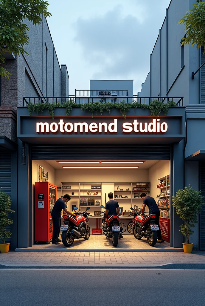 Generate a realistic image of a one-floor bike servicing center named 'MotoMend Studio' in a roadside city area. The servicing center should feature a modern yet modest design with a glass front, showing three mechanics working on three bikes inside. The center should be clean and organized, with tools visible and bikes being actively serviced. The exterior should include a well-paved road, a few trees, and some surrounding buildings to give a lively city feel. The 'MotoMend Studio' branding should be clearly visible on the glass door and signage

Location add : Tangail,Dhaka