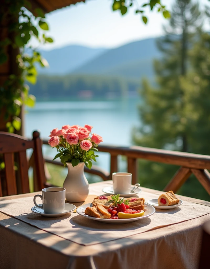 Summer cozy outdoor terrace, Roses on the table,cozy cabin, Stunning views of the lake from above, Very delicious breakfast, Tee